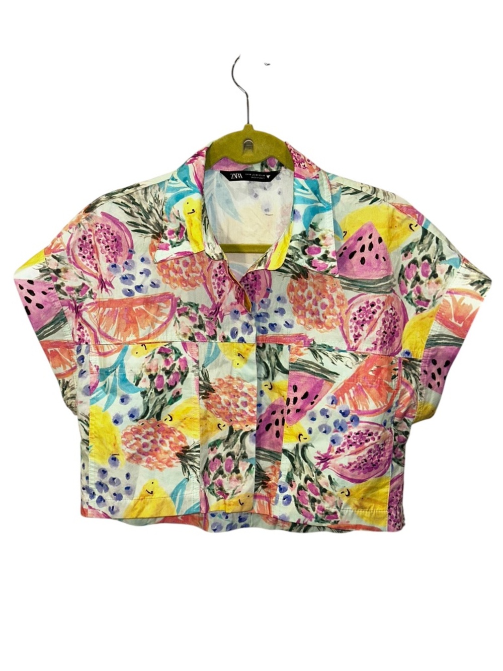 Zara pink yellow tropical fruits pineapple print cropped linen top M